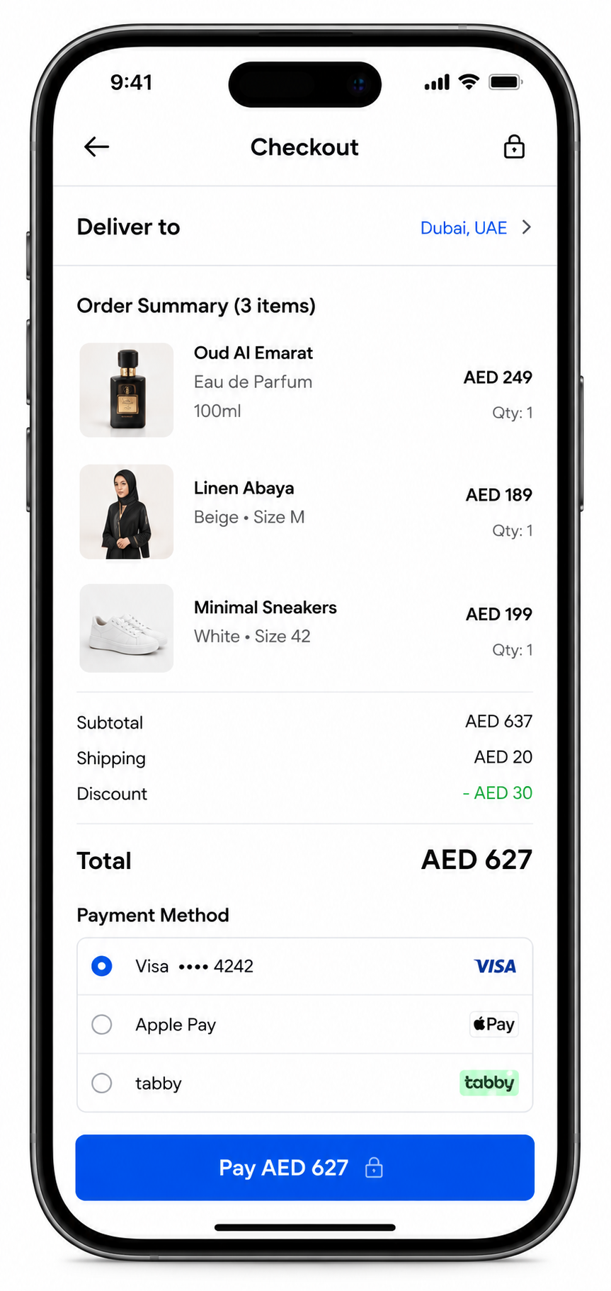 Checkout payment and delivery options for UAE online store
