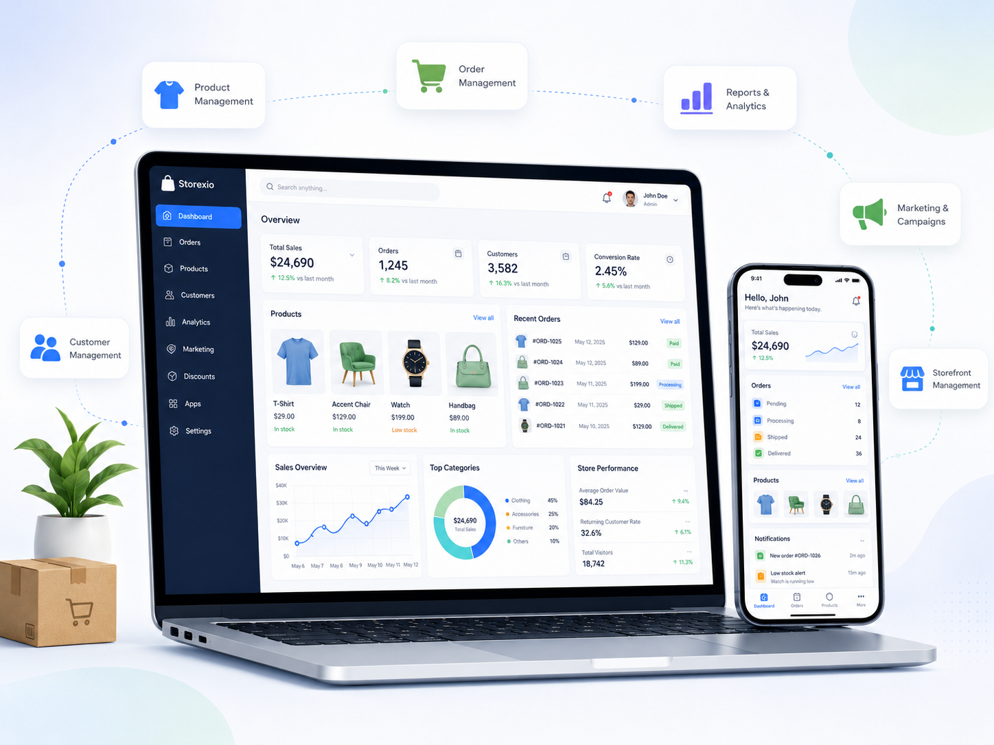 Storexio dashboard showing product management, order management, analytics, marketing, customer management, and mobile storefront controls