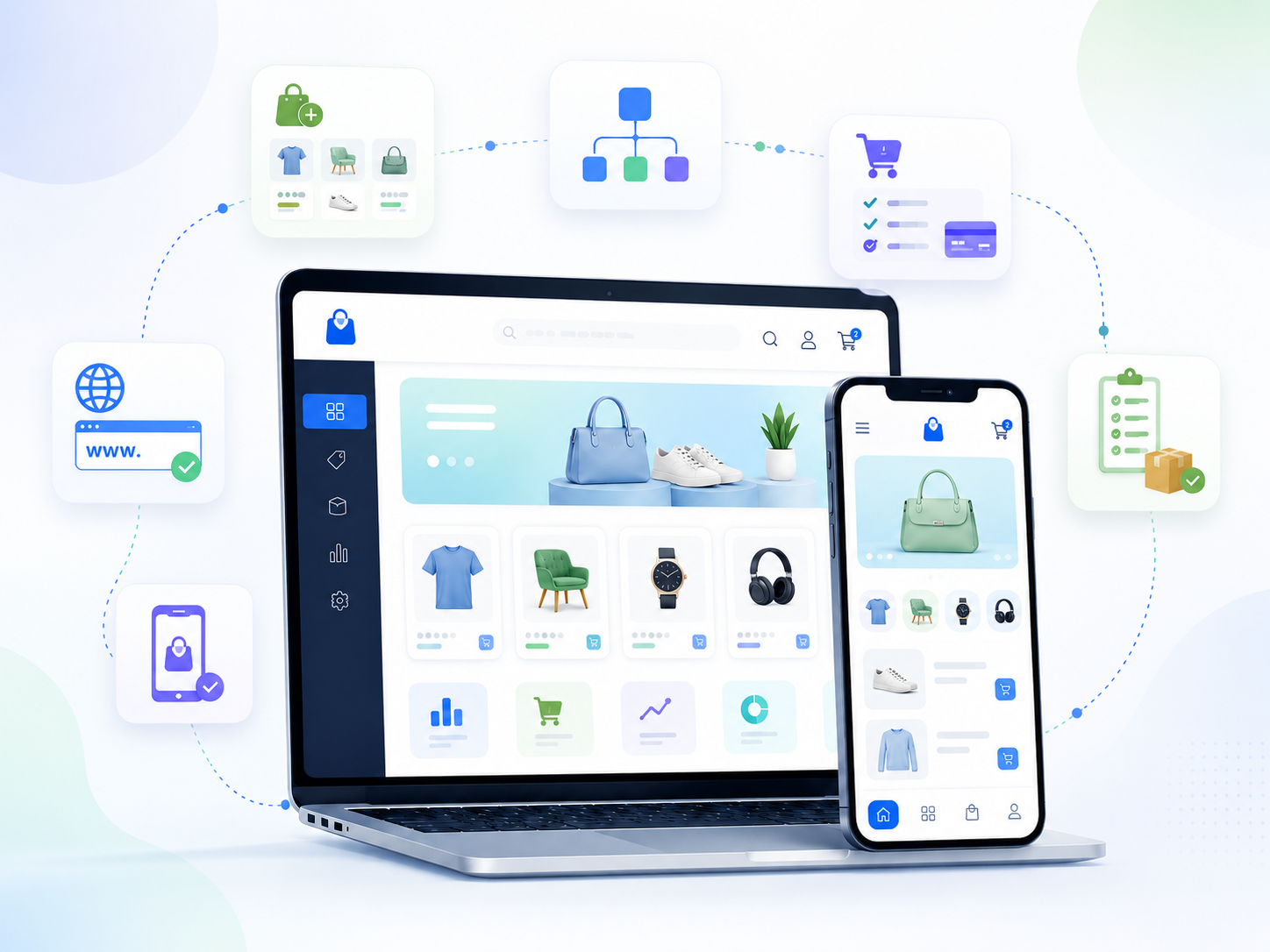 Storexio ecommerce website components showing products, categories, checkout, orders, domain, and mobile storefront