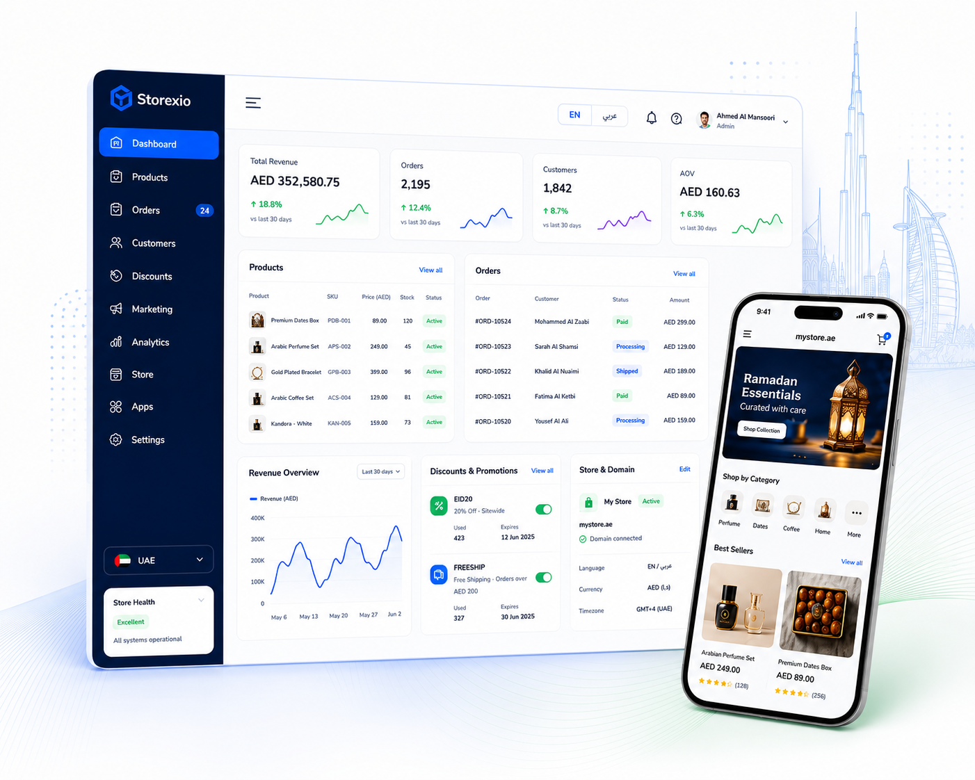Storexio ecommerce platform dashboard and mobile storefront preview for UAE merchants