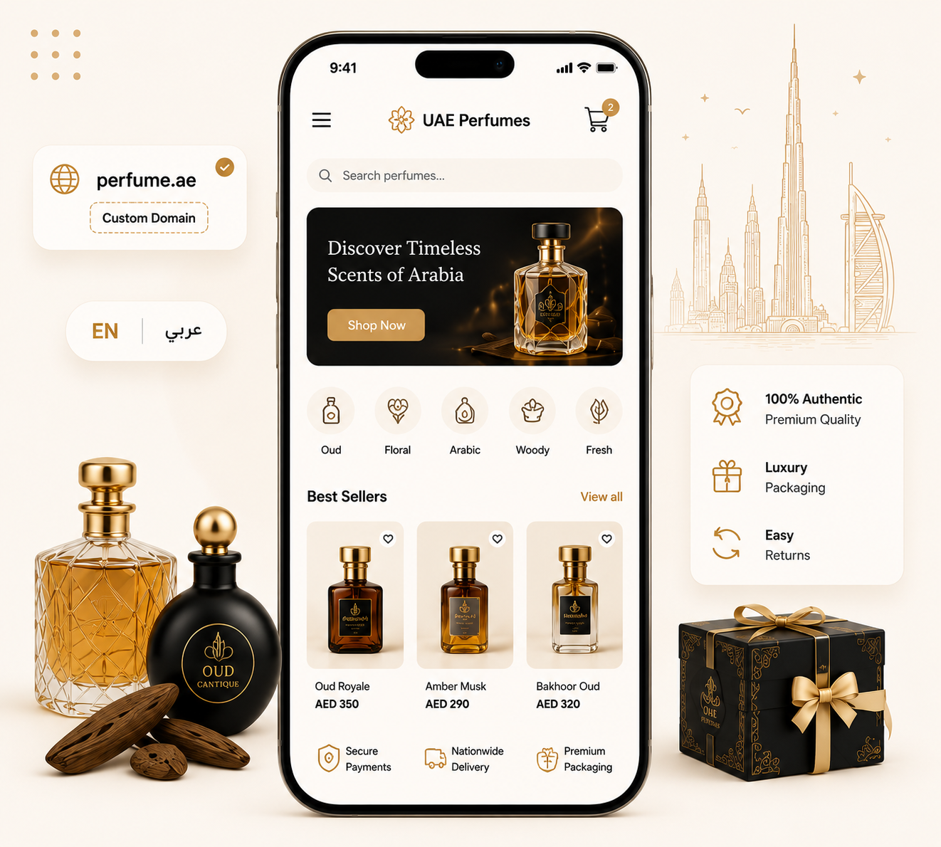 UAE perfume sellers mobile storefront with custom domain and premium packaging
