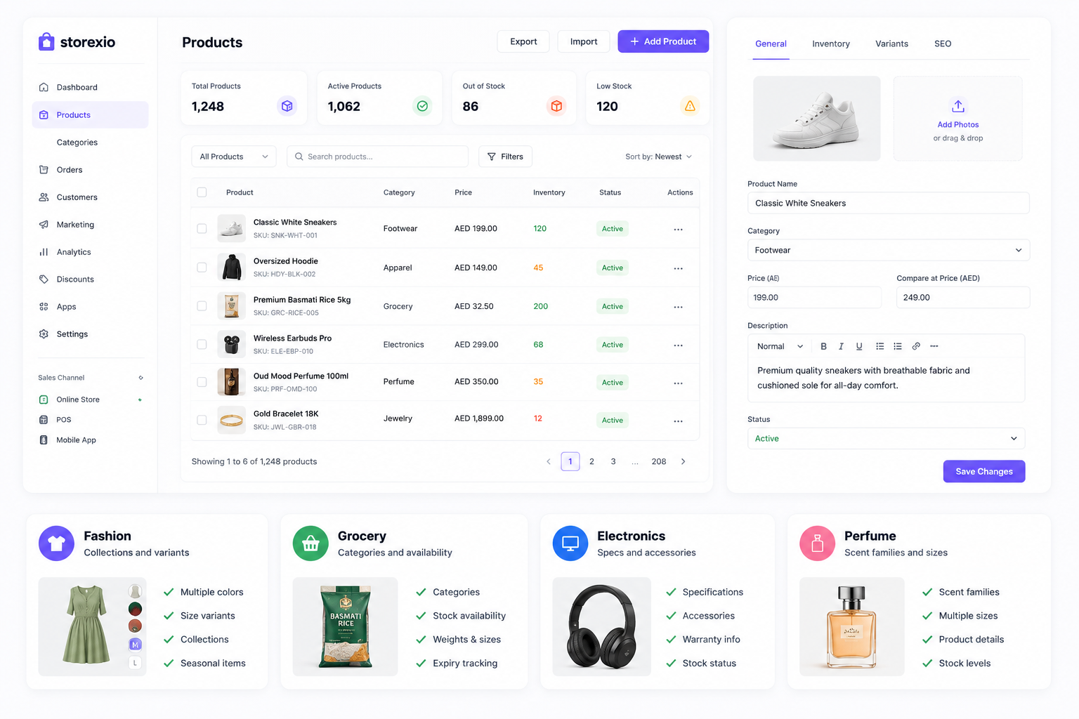 Storexio product catalog management dashboard with product list, product editor, inventory status, and industry category examples