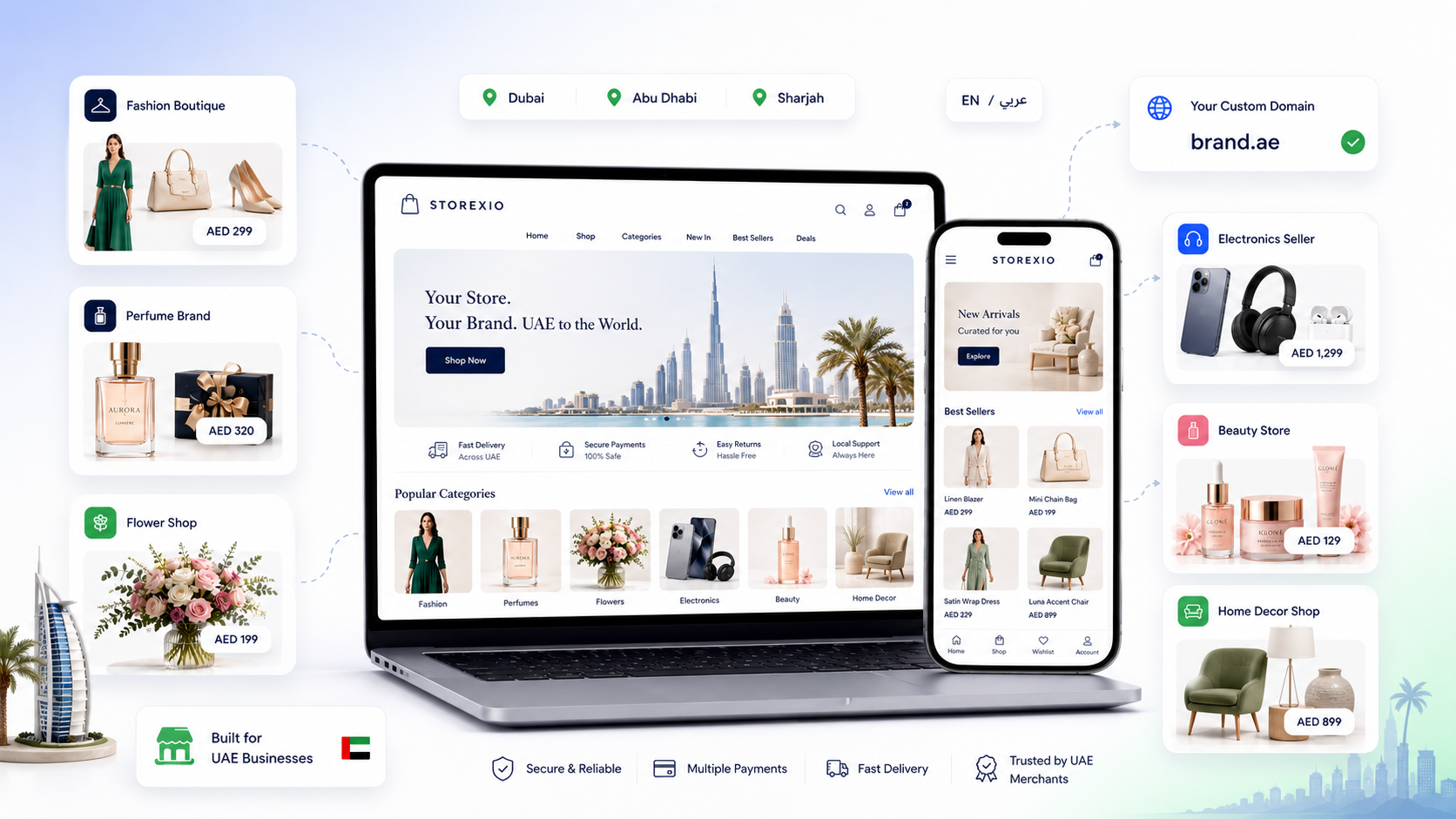 Storexio storefront category showcase for UAE merchants with fashion, perfume, flower, electronics, beauty, and home decor businesses