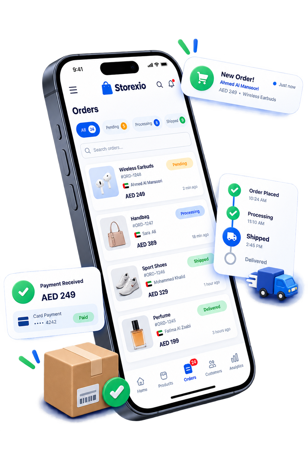 Storexio mobile order management dashboard for UAE merchants
