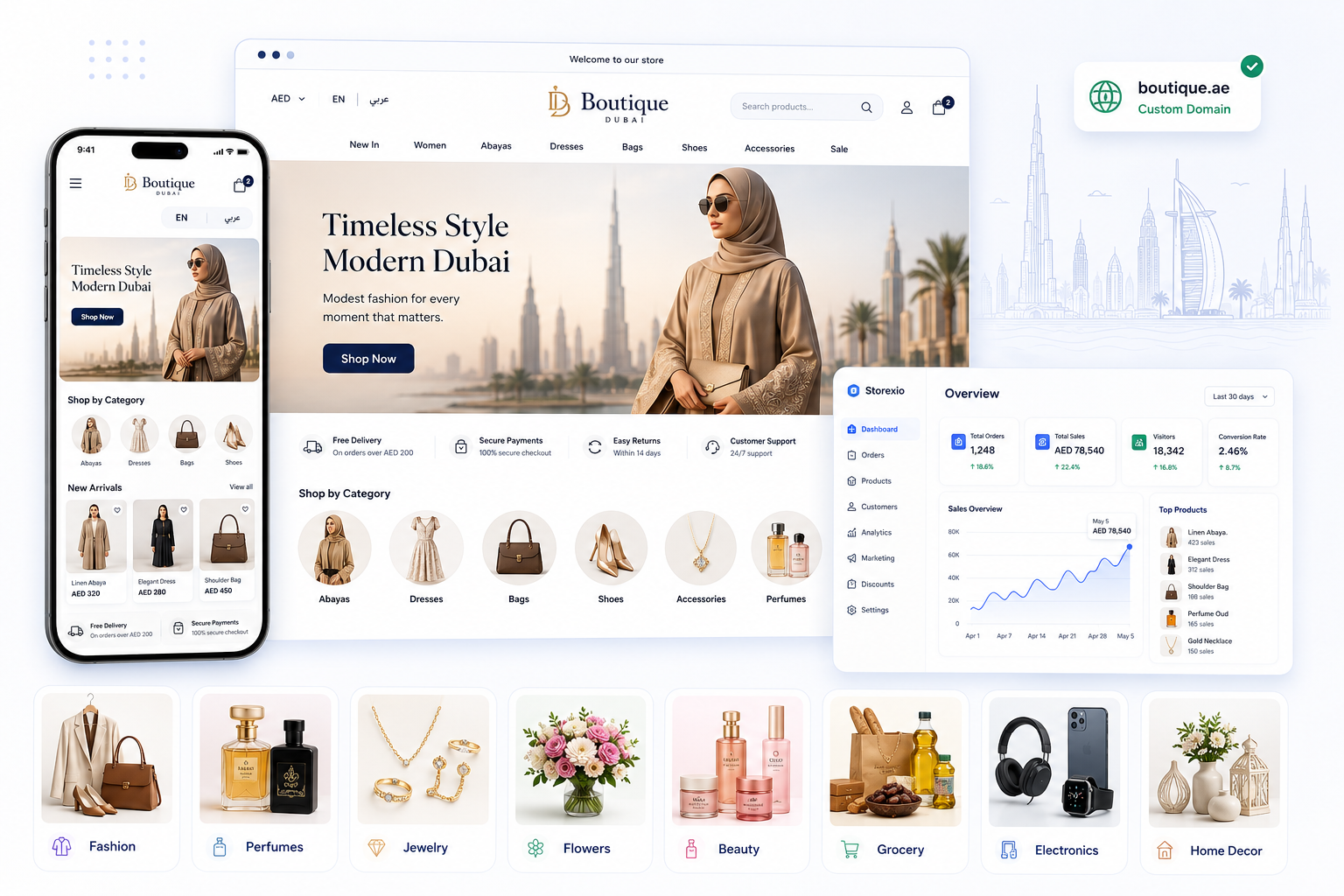 Online store builder UAE storefront preview with Storexio