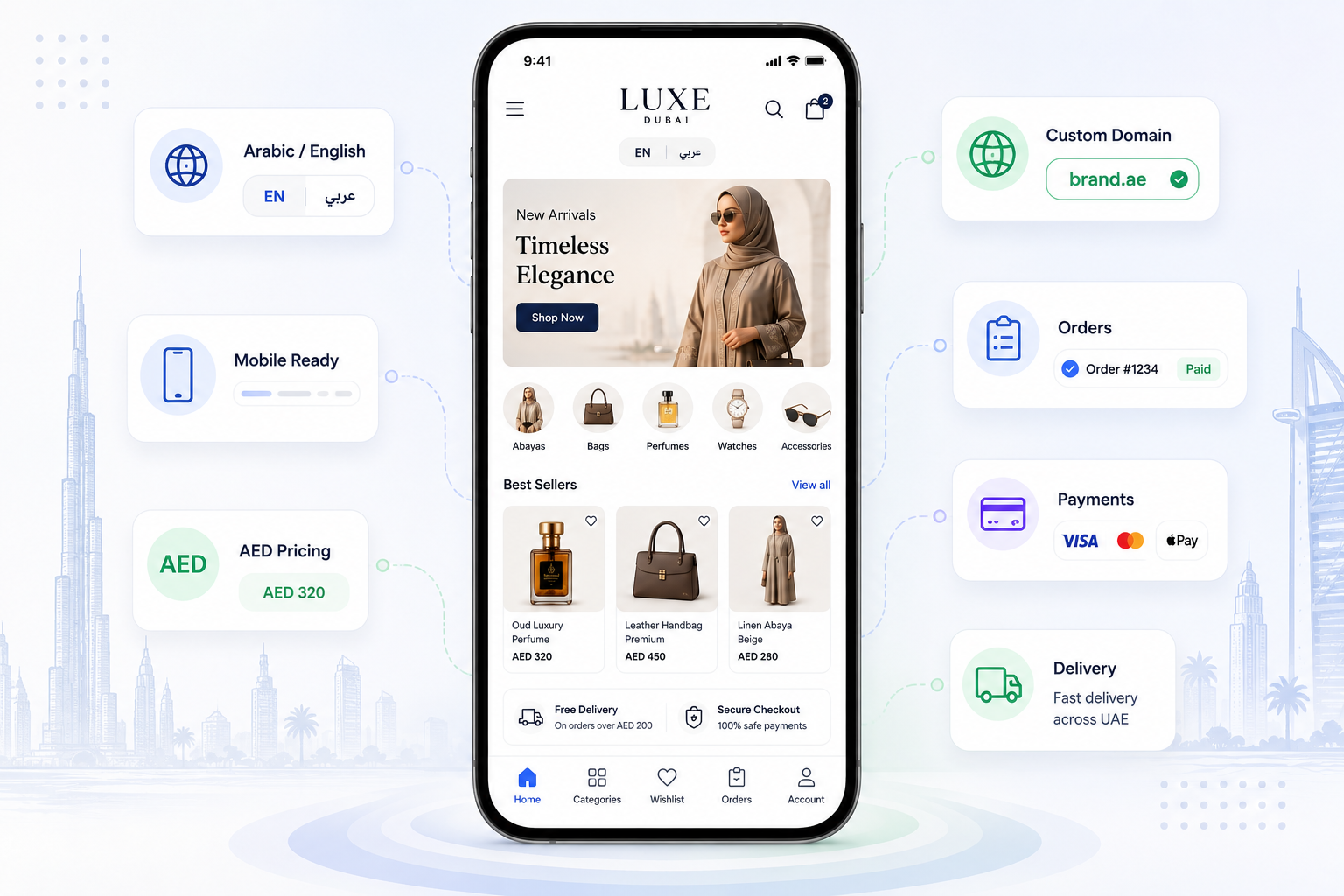 Mobile online store experience for UAE businesses showing Arabic and English support custom domain orders payments delivery and AED pricing