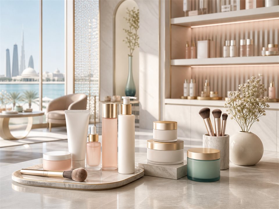 Premium beauty and skincare display in a contemporary Abu Dhabi studio