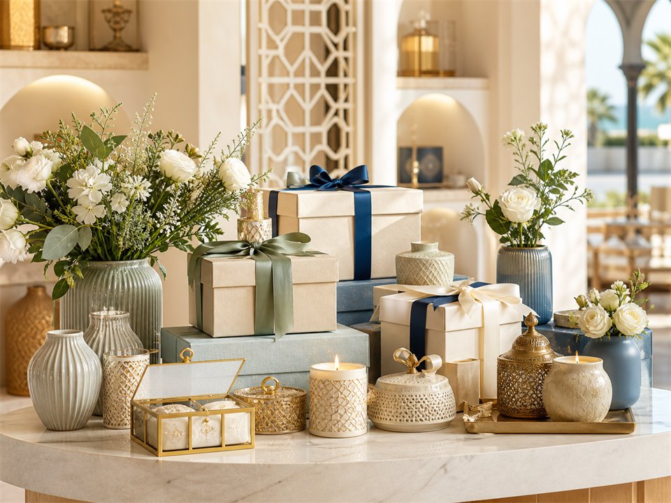 Curated gift boxes, flowers, and home accessories in a Sharjah gift shop