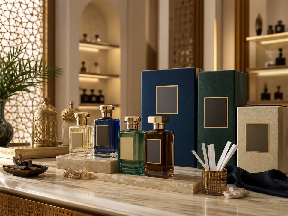Premium oud and perfume bottles displayed in a modern UAE fragrance boutique